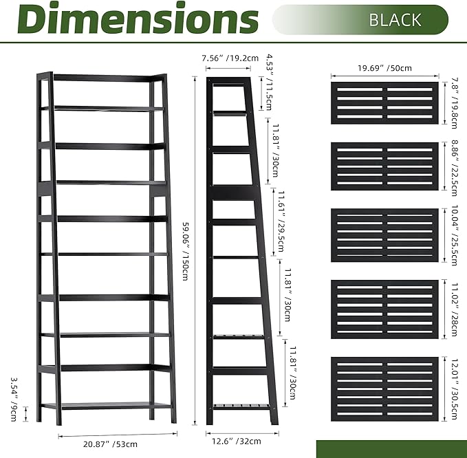 Ladder Shelf, 5-Tier Bookshelf, All Bamboo Heavy Duty Bookcase, Freestanding Open Wood Storage Rack, Modern Corner Display Plant Stand for Living Room, Home Office, Bathroom, Bedroom, Black