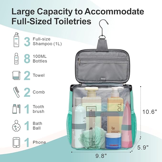 F-color Hanging Shower Caddy Portable - College Dorm Essentials for Guys with Hooks, Quick-Dry Shower Bag for Dorm Travel Gym Camping Essentials, Water-Resistant with Multiple Pockets, Cyan