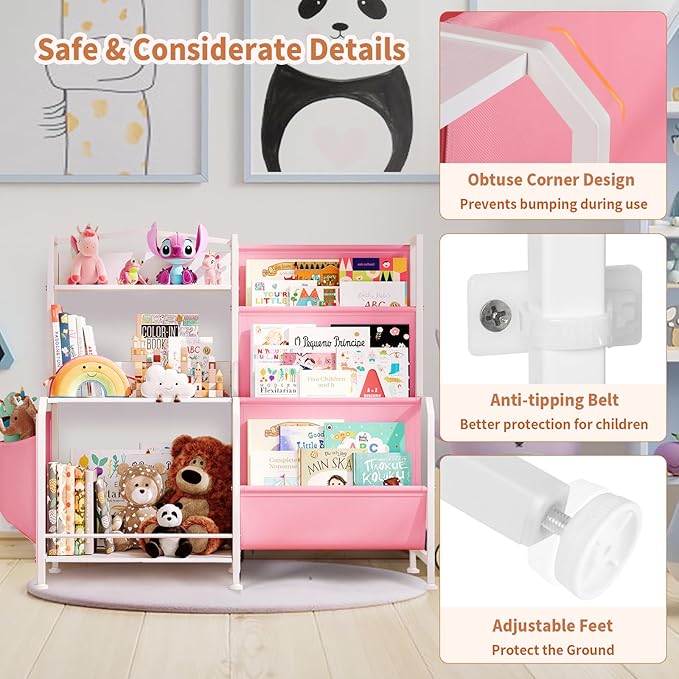 Kids Bookshelf and Toy Organizer, 3 Tier Girls Pink Bookshelf for Kids, Nursery Book Shelves, Toddler Book Shelf, Kids Book Shelf for Kid Room, White/Pink