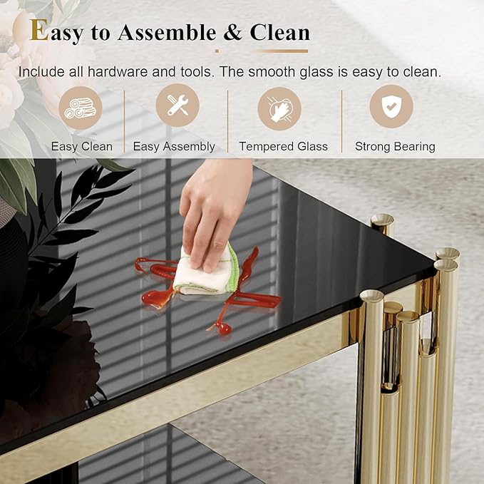 Glass Gold Coffee Table Set of 2,Modern Coffee Table and End Table w/Storage,Glass Coffee Table Set with Stainless Steel Frame,2 Pieces Living Room Table Set for Apartment Home Office