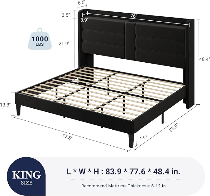 Allewie King Size Platform Bed Frame with Charging Station & Storage Headboard, Upholstered Velvet Wingback Design & USB Port, Strong Wooden Slats Support, No Box Spring Needed, Easy Assembly, Black