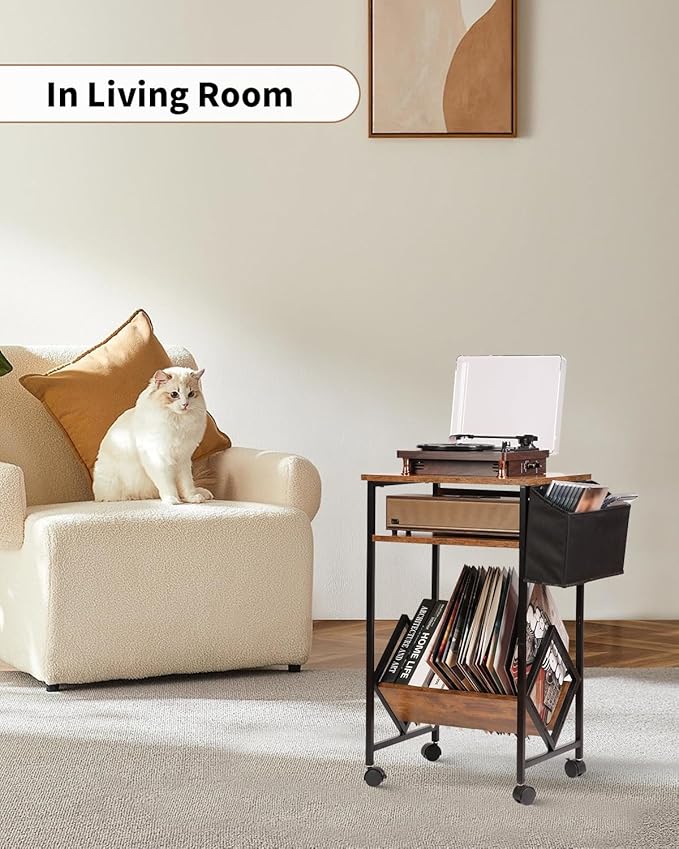 KATHY&BOB 3-Tier Printer Stand Mobile File Cabinet for Home Office with Side Storage Bag, Rolling Filing Cabinet with Open Storage Shelf, Fits A4 or Letter Size, Brown Under Desk Organizer