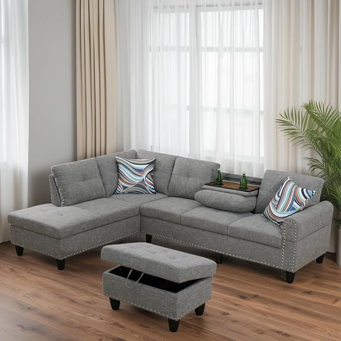 L Shaped Couches for Living Room, Sectional Couch Living Room Furniture with Storage Ottoman, Modular Sectional Sofa with Movable Chaise for Apartment Office, Brown Grey