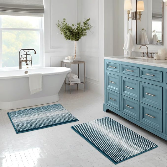 BSICPRO Bathroom Rugs and Mats Sets, 2 Piece Thick Absorbent Chenille Bath Mat Rug Set Non Slip, Soft Shaggy Bath Room Floor Mats for Bathroom, Machine Washable (Teal, 20" x 32" Plus 16" x 24")