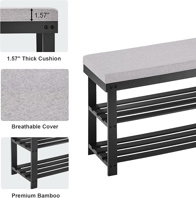 Apicizon 3-Tier Shoe Rack for Entryway, Bamboo Shoe Bench with Cushion Padded Seat, Small Shoe Organizer with Storage for Indoor Entrance Hallway Bedroom Living Room, Black