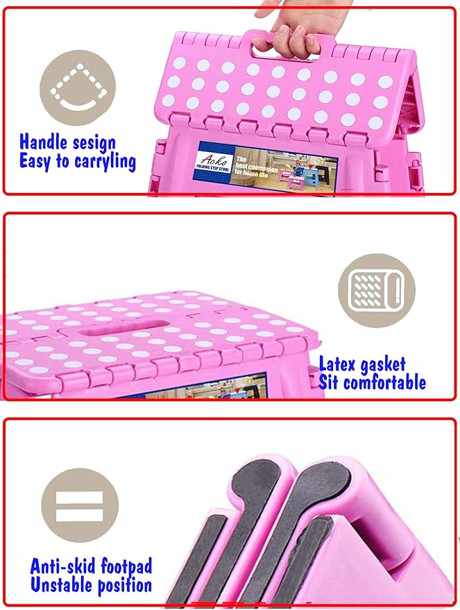 ACKO Folding Step Stool - 13 inch Height Premium Heavy Duty Foldable Stool for Kids and Adults, Kitchen Garden Bathroom Stepping Stool (Pink)