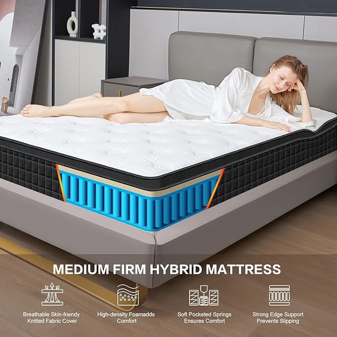 12 Inch Black Full Spring Mattress,Medium Firm with Gel Memory Foam,Individually Pocketed Coil,Fiberglass-Free Fire Retardant CertiPUR-US Certified,75"*54"*12"