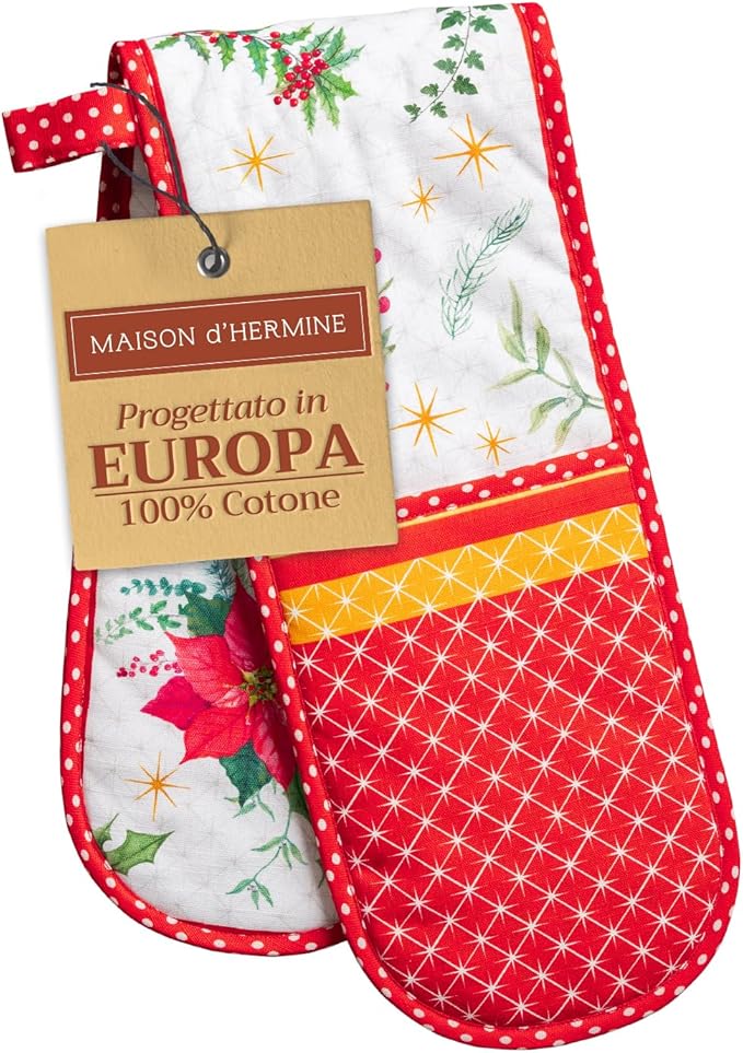 Maison d' Hermine Double Oven Mitt (7" x 35") 100% Cotton Heat Resistant BBQ Cooking Gloves with Loop for Thanksgiving Christmas Decorations Baking Cooking Handling Hot Pan (Poinsettia Christmas)