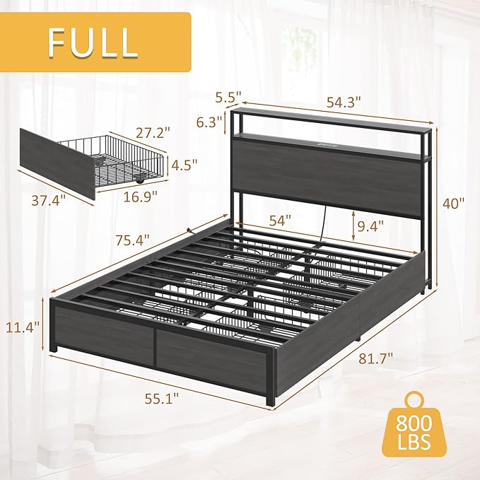 Lifezone Full Bed Frame with 2-Tier Storage Headboard, Metal Platform Bed Frame with 4 Storage Drawers, Built in Charging Station & LED, Noise-Free/Metal Support/No Box Spring Needed, Rustic Grey