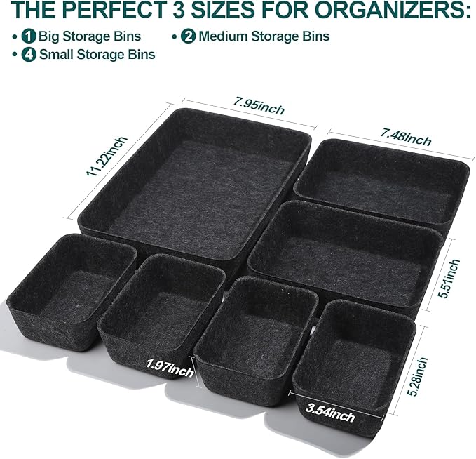 HNYYZL Desk Drawer Organizer,7 Pack Felt Drawer Organizer Shallow Drawer Organizers Felt Storage Bins,Grey