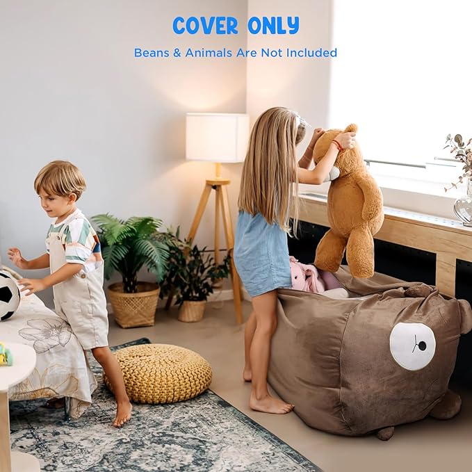 GAGAKU Stuffed Animal Bean Bag Cover Toy Storage, 24 Inches Kids BeanBag Brown Bear Large Zipper Bean Bag for Organizing Kids Plush Toys Home Supplies