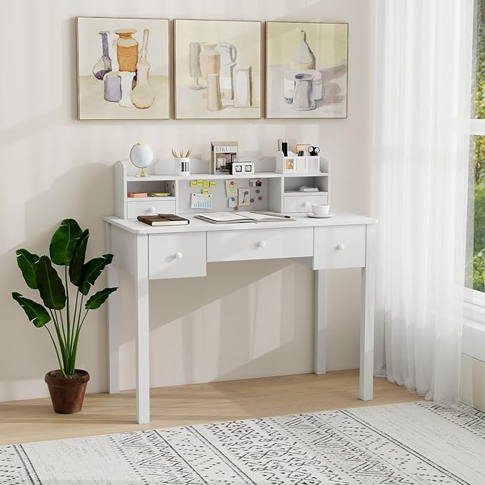 White Wrting Desk with Hutch and Drawers - 40 Inch Small Student Desk for Home Office, Study Desk for Teen