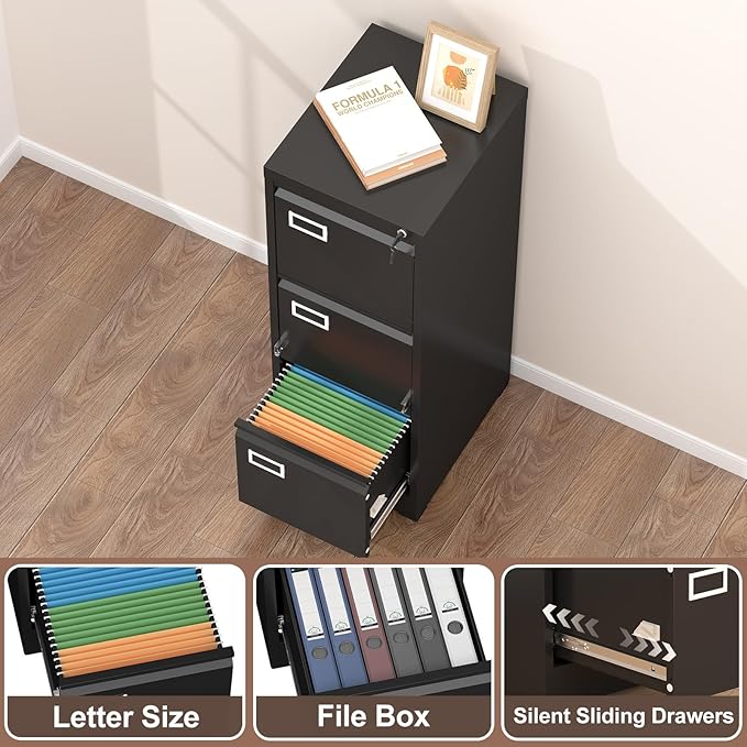 LUCYPAL 3 Drawer File Cabinet,Metal Filing Cabinet with Lock for Letter/Legal/A4 Files,Vertical Locking File Cabinets for Home Office,Assembly Required(Black)