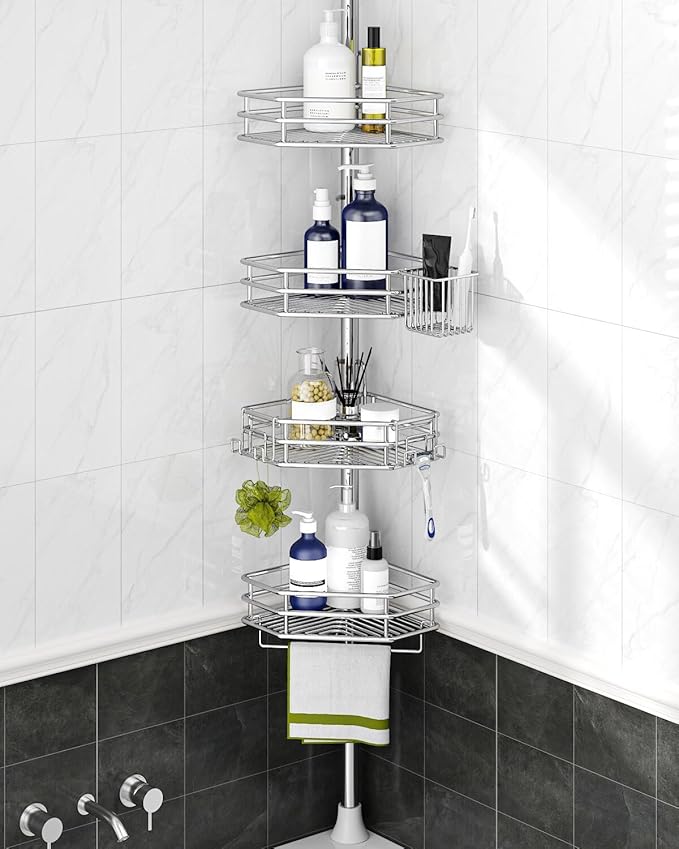 SEIRIONE Corner Shower Caddy Tension Pole, Quick Setup, Rust-Free Bathroom Shower Organizer Corner for Bathtub Shampoo Storage, 4-Tier Adjustable Shelf, Drill Free, Fits 34 to 116 Inch Height, Silver