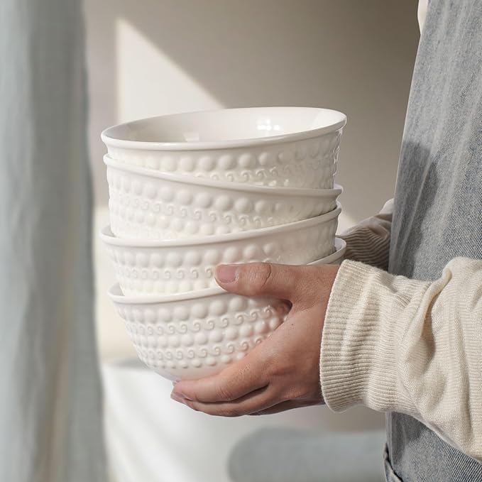 Cereal Bowls Set of 4 - Ceramic Soup Bowls for Kitchen 30 Oz Embossment White Breakfast Bowls for Rice, Pasta, Fruits, Salad, Ramen, 6.25 Inch, Dishwasher & Microwave Safe (Auspicious Clouds)