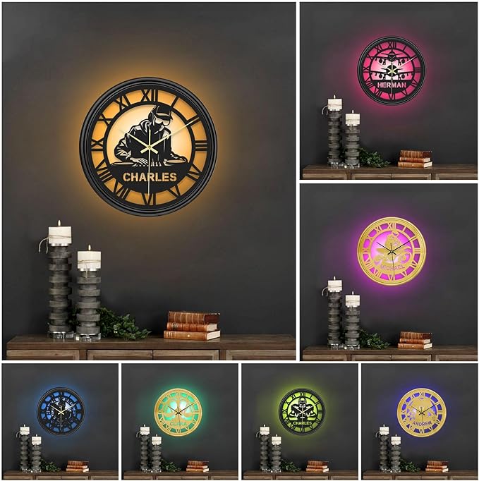 Personalized Name LED Wall Clock, Custom Vintage Vinyl Record Motorcycle Iron Art Clock, Hanging Clock with 7 Color Changing, Hanging Decor for Bedroom, Living Room, Home, Office, Housewarming