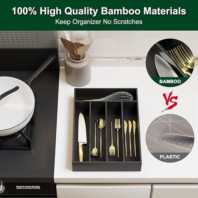 Bellsal Black Utensil Organizer 10 Inch Silverware Tray for Utensil Holder Cutlery Organizer Kitchen Drawer Organizer 5 Compartment Small Narrow Bamboo