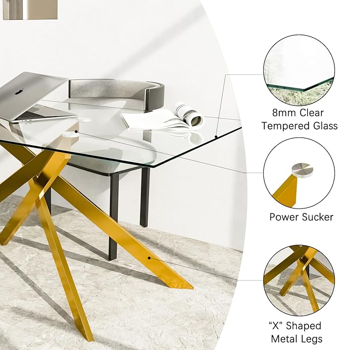 51" Rectangular Glass Dining Table Modern Kitchen Glass Top Table for 4 with Gold Metal Legs, Clear Dining Table Kitchen Table for Home Office Dining Room