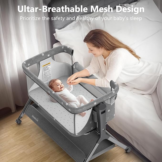 3 in 1 Baby Bassinet, Rocking Bassinet Bedside Sleeper with Comfy Mattress and Breathable Mesh, 6 Height Adjustable & Upgraded Wheels Portable Bedside Crib for Newborn