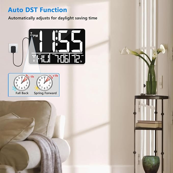 13" Bluetooth Auto Sync Wall Clock - Large Digital Alarm Clock with Remote, 25 Ringtones, Dual Alarm, Adjustable Brightness, 12/24H, Auto DST, for Living Room, Kitchen, Office, Elderly