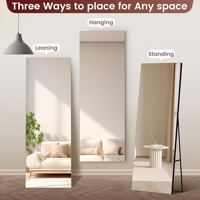 56x18 Frameless Full Length Silver Coating Mirror w/Distortion Free, HD Reflection &Anti Desilvering, Tempered Glass & Shatter Proof Film Doubling Safety, Easy Setup w/Stand, Wall/Standing