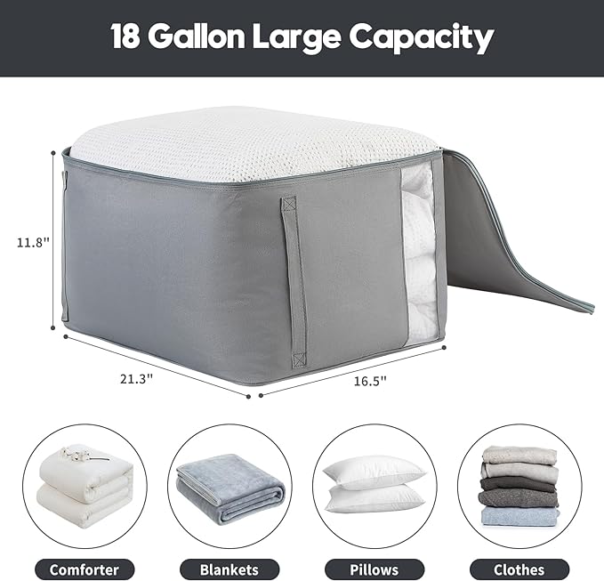 Comforter Storage Bags, Durable Oxford Fabric Clothes Organizer for Closet, Washable Collapsible Large Storage Containers for Clothing Blanket Linen Bedding, 2 Pack (18 gallon x 2, Grey)