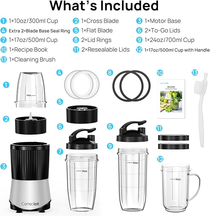 Consciot CB08 16-Piece Blender & Grinder Combo for Kitchen and Personal Size, Blend Shakes and Smoothies, Frozen Drinks, Baby Food, Spreads & More, 4 BPA-Free Portable To-Go Cups, 900 Peak Watts