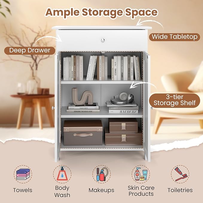 Giantex Storage Cabinet, White Bathroom Cabinet with 2 Doors, 1 Drawer, 3-Level Adjustable Shelf, Modern Wooden Storage Organizer for Laundry Room, Entryway, Living Room