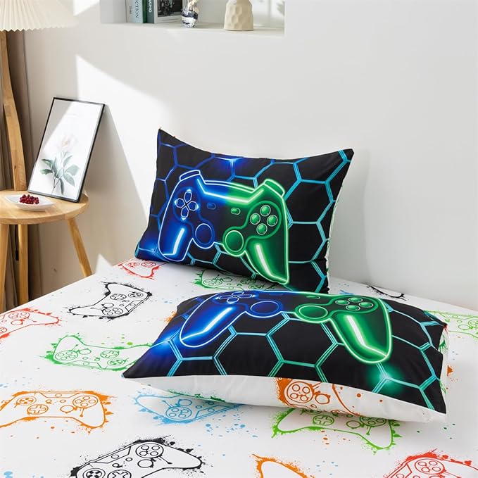 NTBED Game Console Comforter Set for Boys Girls Kids 3D Gaming Geometric Lightweight Microfiber Bedding Sets (Blue Green, Queen 5Pcs)