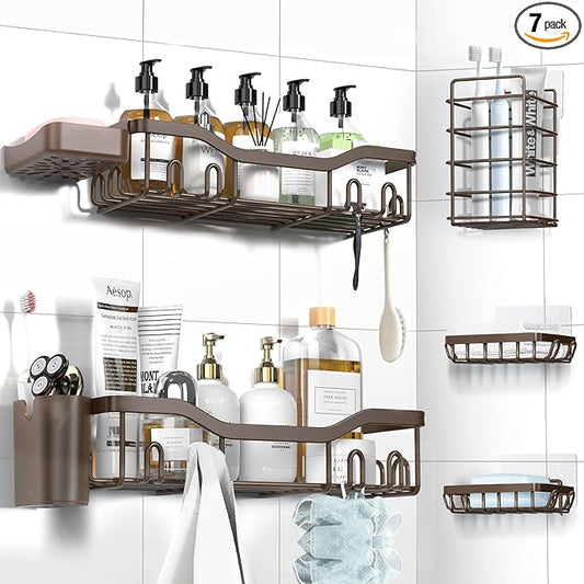 Shower Caddy Adhesive Shower Organizer 7-Pack, Rustproof Stainless Steel Bathroom Shelves, Large Capacity No-Drill Rack Storage Accessories with Soap Dish Toothbrush Holder Hooks (Brown)