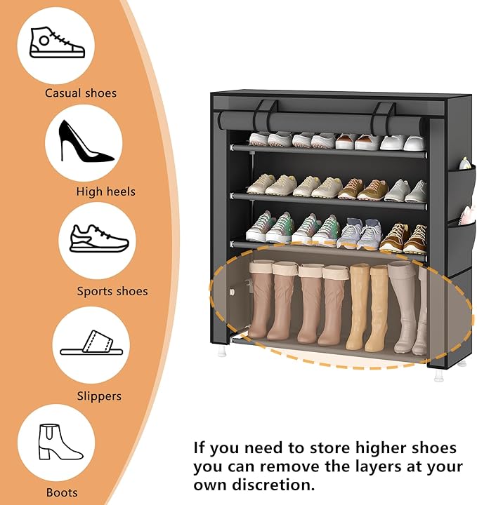 Laiensia 5-Tier Vertical Shoe Rack Organizer, Space Saving Shoe Storage Organizer, Non-Woven Cover Shoe Shelf Holds 20-25 Pairs for Bedroom, Hallway, Closet Entryway, Grey