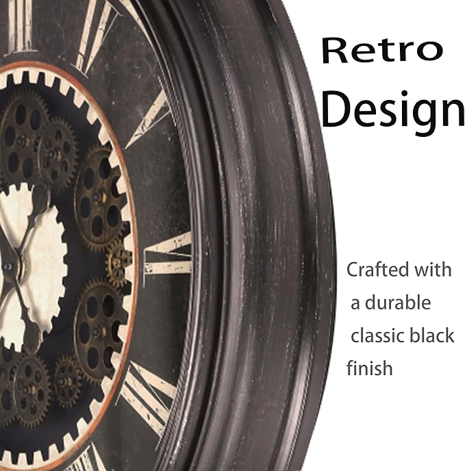 23 Inch Dark Brown Steampunk Wall Clock with Decorative Gears, Industrial Vintage Analog Clock for Living Room, Farmhouse, Office Decor, Silent Non-Ticking Battery Operated