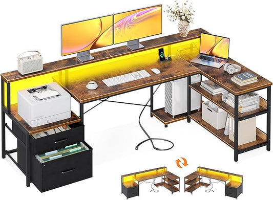 ODK L Shaped Desk with File Drawer, 75" Reversible L Shaped Computer Desk with Power Outlet & LED Strip, Office Desk with Storage Shelves, Gaming Desk with Monitor Shelf, Corner Desk, Vintage