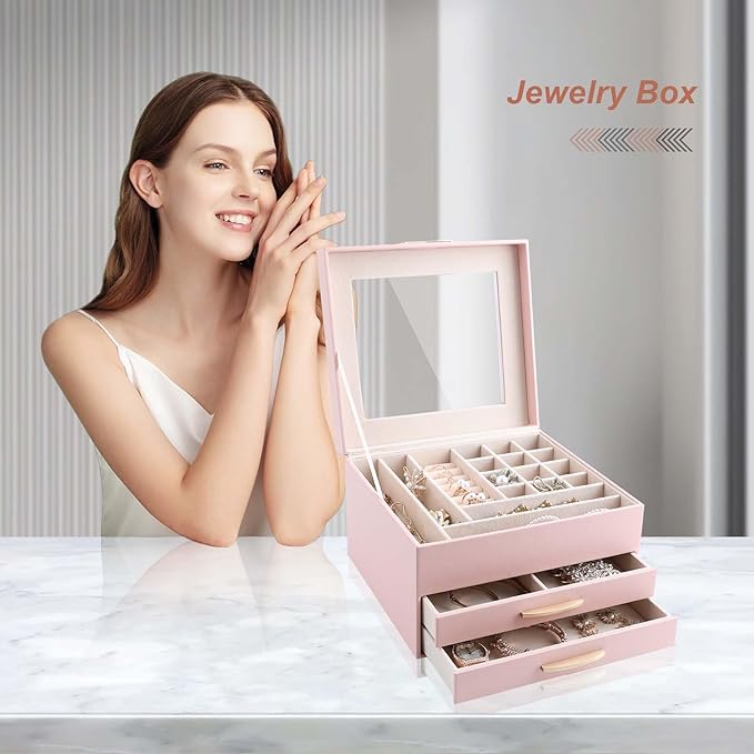 Jewelry Holder Organizer,3 Tiers Leather Jewelry Set Box with 2 Drawers,Jewelry Box for Women Girls,Large Capacity Jewelry Holder Box (Pink)