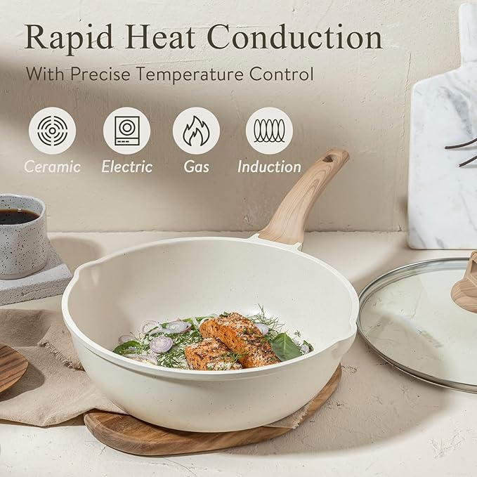 CAROTE 12Inch Nonstick Deep Frying Pan with Lid, 5.5 Qt Jumbo Cooker Saute Pan with Pour Spout, Skillet Induction Cookware, Non Stick Cooking Pan Kitchen Pan PFOA Free, White Granite