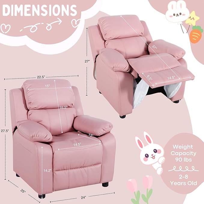 JC Home Macaron Kids Reclining Chair Leather Recliner Sofa Push Back Toddler Youth Children Child Ages 2-8