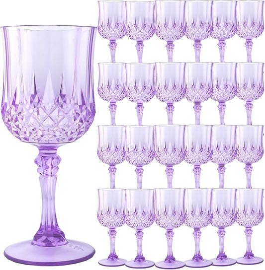 Plastic Wine Glasses，Plastic Goblets Vintage Style Cordial Drinking Glasses for Wedding Reception, Grand Event Party Supplies (24, Purple)