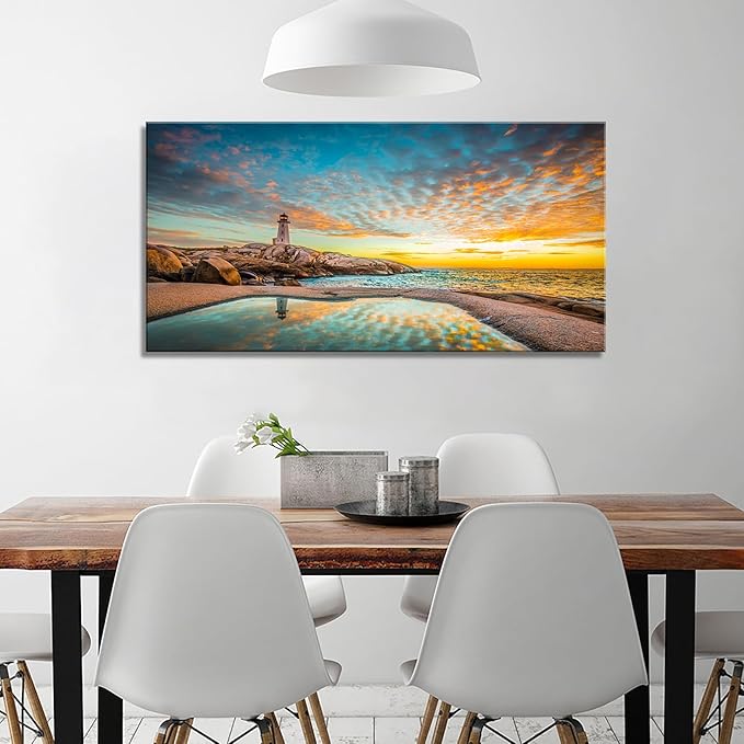 YYYYHPP YP1875 Canvas Prints Wall Art Peggy's Cove Lighthouse Sunset Ocean View Landscape Nature Pictures Stretched Canvas Wooden Framed for Living Room Bedroom and Office Wall Decor