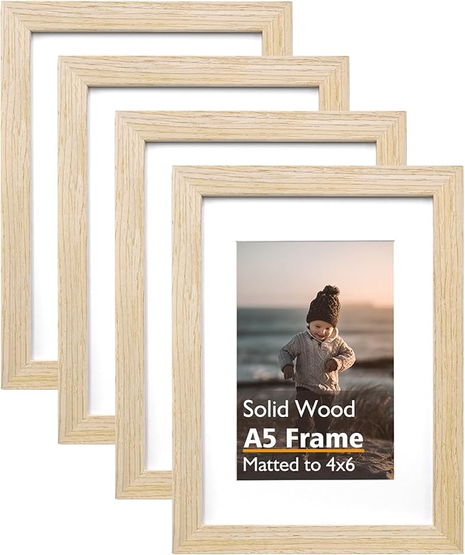 KINLINK A5 Picture Frame Natural, Solid Wood Frames with Acrylic Plexiglass for Pictures 4x6 with Mat or A5 without Mat, Tabletop and Wall Mounting Display, Set of 4