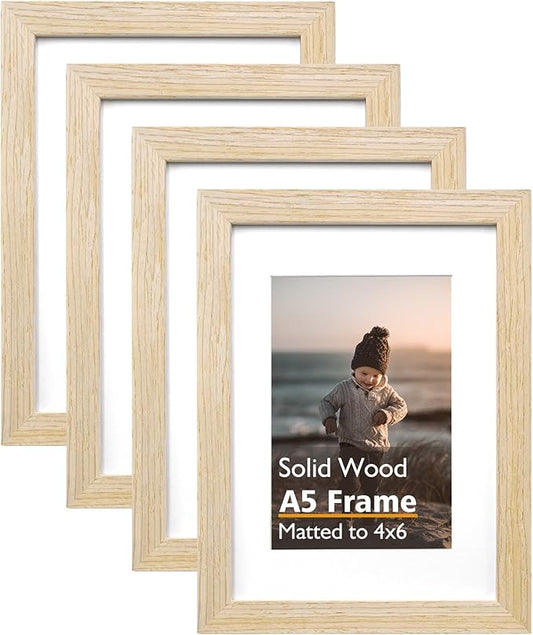 KINLINK A5 Picture Frame Natural, Solid Wood Frames with Acrylic Plexiglass for Pictures 4x6 with Mat or A5 without Mat, Tabletop and Wall Mounting Display, Set of 4