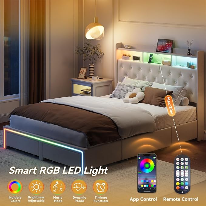 King LED Bed Frame with Storage Headboard & Charging Station, Velvet Fabric Platform Bed Frames with 4 Drawers, Button Tufted Upholstered, No Box Spring Needed, Beige