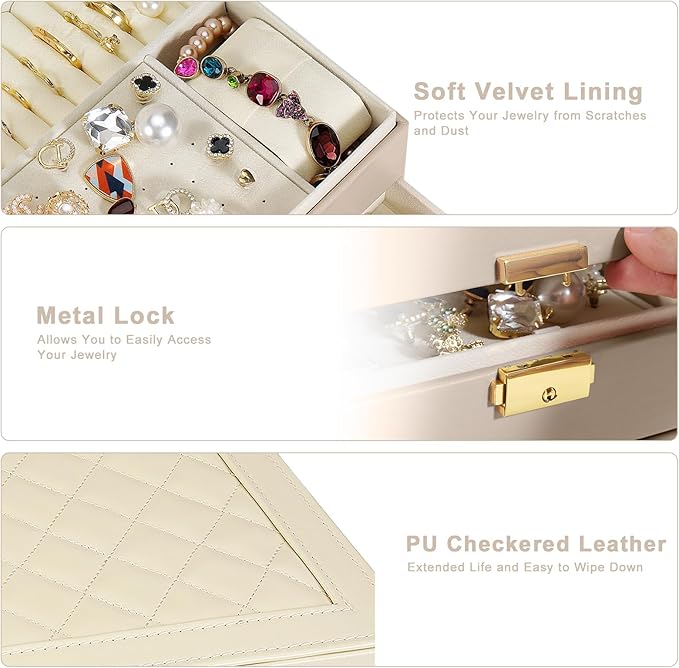 Jewelry Box for Women Girl Wife - Large PU Leather Jewelry Organizer Storage Case with Two Layers Display for Earrings Bracelets Rings Watches (Apricot)