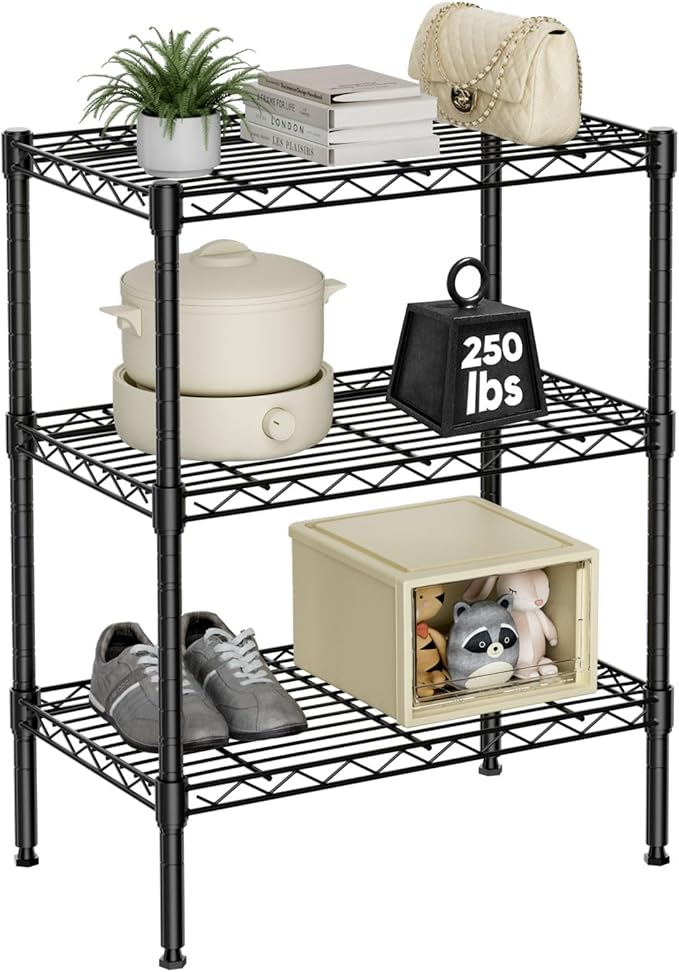 Sweetcrispy 3 Tier Metal Storage Shelving Shelf, Adjustable Metal Wire Racks Heavy Duty Standing Shelf Organizer for Kitchen and Closet, 13.8" D x 23.6" W x 30" H, Black