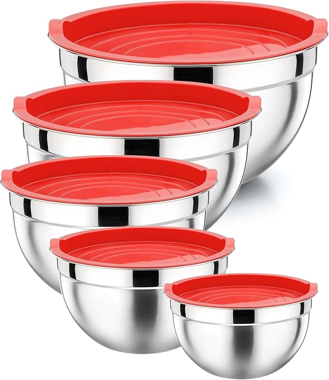 P&P CHEF Mixing Bowl with Airtight Lid Set of 5, 10-Piece Stainless Steel Nesting Salad Bowl Set for Prepping, Mixing and Serving, Size 4.6, 3, 1.5, 1, 0.7 QT, Rimmed Edges & Flat Base, Red