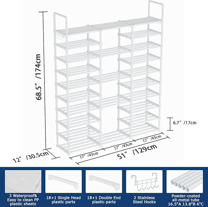 Mavivegue 10 Tiers Shoe Rack, Large Storage Space, 55-60 Pairs, White, Polypropylene