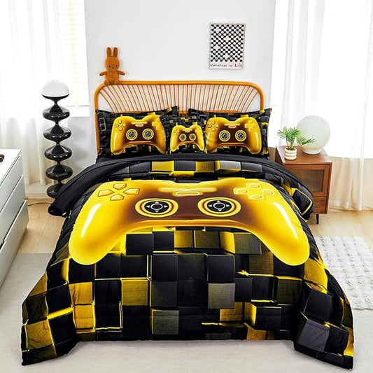 PERFEMET 6 Pcs Twin Bed in A Bag for Boys Girls Black Gold Video Game Comforter Set with Sheets Soft Cozy 3D Gamepad Gaming Bedding Set for All Seasons(Gold, Twin)