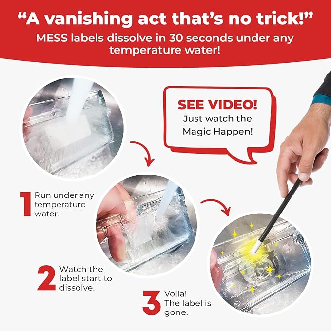 MESS Dissolvable Food Labels, Fill-in, 2x3 300/Roll - Dissolves in 30 Seconds or Less - Removable Pantry, Meal Prep & Food Storage Labels – Canning & Freezer Use