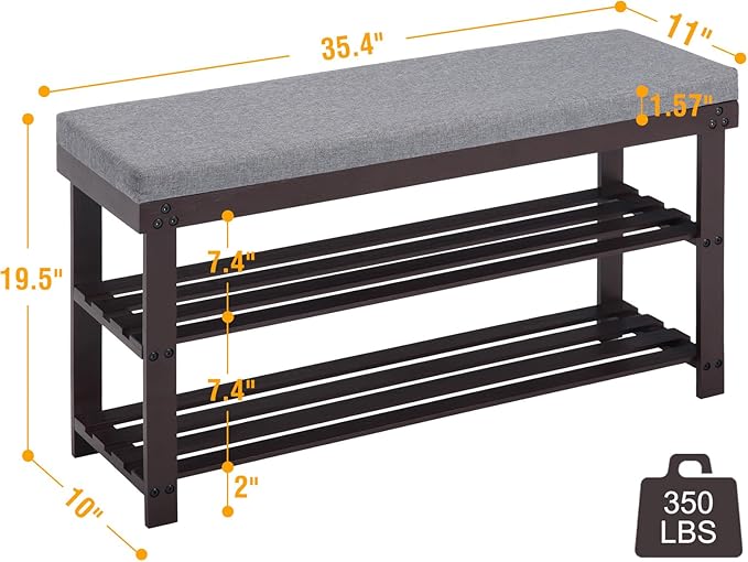 Apicizon 3-Tier Shoe Rack for Entryway, Bamboo Shoe Bench with Cushion Padded Seat, Small Shoe Organizer with Storage for Indoor Entrance Hallway Bedroom Living Room, 35.4 Inches, Brown