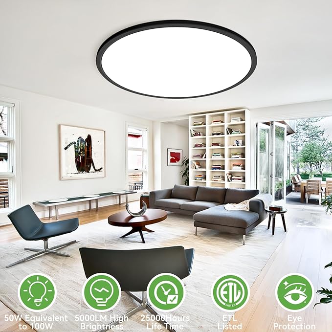 zemty 20 inch LED Flush Mount Ceiling Light, 50W 5000lm Large Light Fixture, 3 Color Temperature in One 3000k 4500k 6000K Round Modern Ceiling Lamp for Bedroom Kitchen Dining Room (Black)