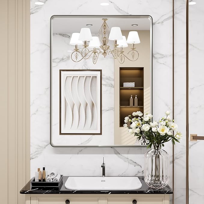 LOAAO 24X32 Inch Brushed Nickel Bathroom Mirror, Rounded Rectangle Silver Metal Frame Mirror, Brushed Nickel, Anti-Rust, Shatter Proof, Hangs Horizontally or Vertically